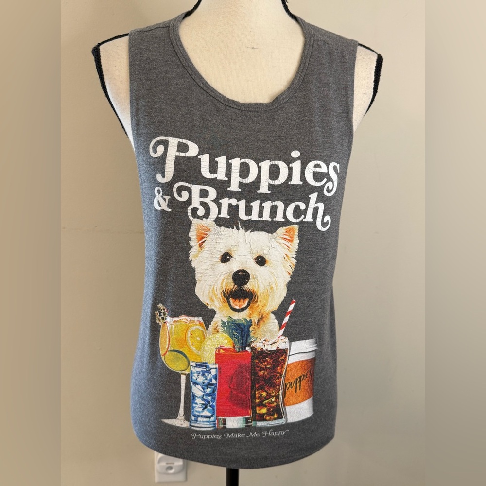 Puppies & Brunch graphic gray soft tank puppy & cocktails colorful front print M